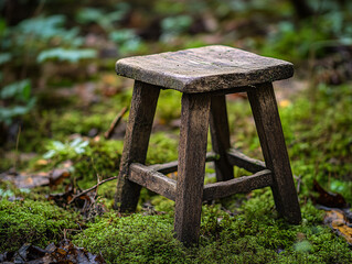 rustic wooden stool sitting in moss covered forest floor