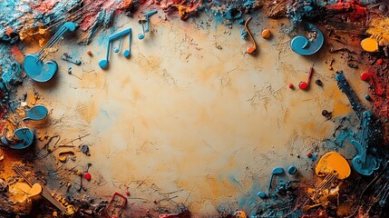 Aufkleber - colorful background filled with music notes and instruments, providing space for text or designs.