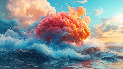 Poster - colorful collage depicting the brain, oceans, and skies, representing creativity and innovation in mental health therapy.illustration