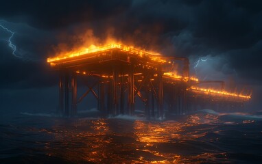 Poster - Futuristic Offshore Fuel Distribution Platform Harvesting Tidal Energy with Glowing Pipelines
