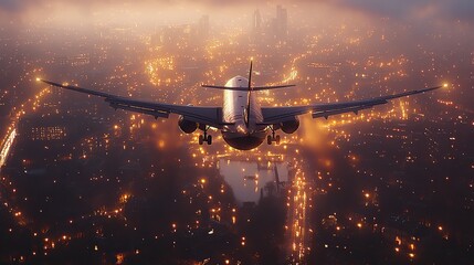 Poster - commercial airplane flies over city at dusk, creating cinematic scene with blurred lights.image
