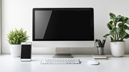 Poster - computer and cell phone mockup shows blank screens on white background, representing business or marketing contact scenarios.stock photo