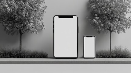 Poster - computer and cell phone mockup shows blank screens on white background, representing business or marketing contact scenarios.illustration