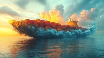 Poster - conceptual depiction of stacked containers within cloud whale symbolizes transportation and development concepts.