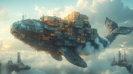 Poster - conceptual depiction of stacked containers within cloud whale symbolizes transportation and development concepts.image