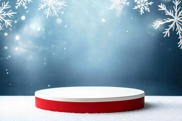 Poster - Elegant podium in red tones with delicate snowflakes and winter backdrop
