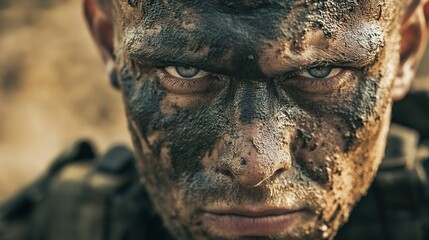 A close-up portrait of a soldier covered in mud, his eyes intense and focused. He is wearing camouflage and has a determined expression on his face.