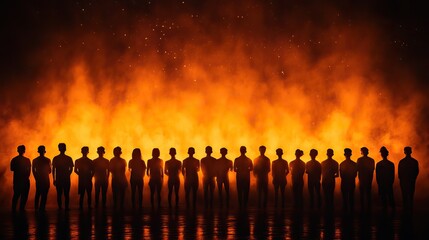 Poster - crowd of people silhouetted against black background, lit from behind by warm, golden light.illustration