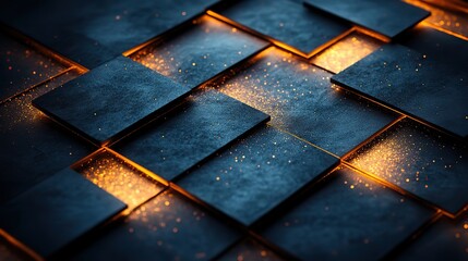 Poster - dark background featuring golden lines in geometric pattern, with dark blue and black color palette.illustration