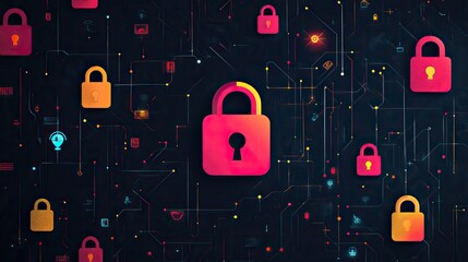 Poster - dark background with colorful padlock icons, representing cyber security and dat protection.image