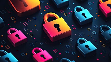Fototapete - dark background with colorful padlock icons, representing cyber security and dat protection.stock photo