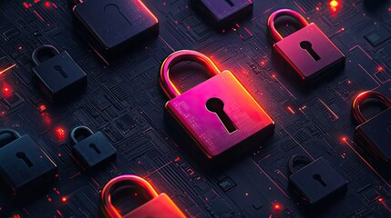 Poster - dark background with colorful padlock icons, representing cyber security and dat protection.
