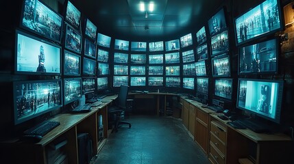 Poster - dark room with multiple security monitors displaying live footage, highlighting the importance of surveillance.stock photo