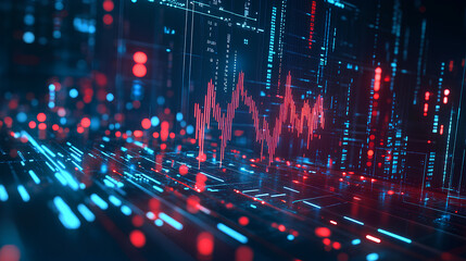 Poster - business arrow showing upward growth line and circuit technology on a dark blue background depicts b