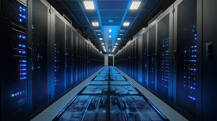 Poster - dat center filled with black and blue server racks, with digital lines illuminating the floor in abstract patterns.