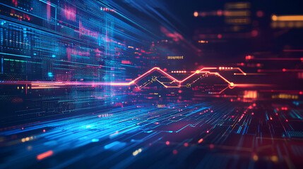 Poster - business arrow showing upward growth line and circuit technology on a dark blue background depicts b