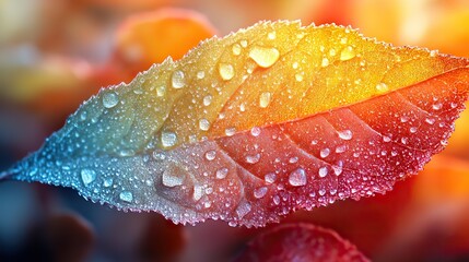 Poster - detailed close-up of an autumn leaf's edge, blending from green to red, with high-resolution, colorful gradient effect.illustration