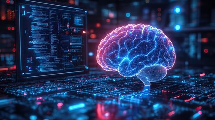 Poster - digital brain next to computer, glowing with futuristic blue light.