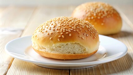 A close-up of a freshly baked sesame seed bun on a white plate, ready to be filled with delicious ingredients for a satisfying meal.