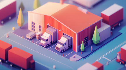 Poster - This vector isometric icon or infographic element showcases a low poly factory building, warehouse, office, and semi-trucks with trailers