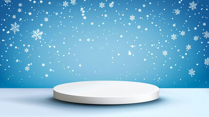 Wall Mural - modern podium with frosted edges, surrounded by falling snowflakes, creates festive atmosphere