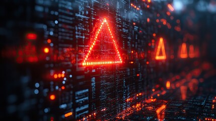 Aufkleber - digital screen displaying red exclamation mark symbolizes an abstract concept of cybersecurity and attack, featuring an icon of compromised computer network with red triangle frame.