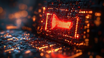 Poster - digital screen displaying red exclamation mark symbolizes an abstract concept of cybersecurity and attack, featuring an icon of compromised computer network with red triangle frame.stock photo