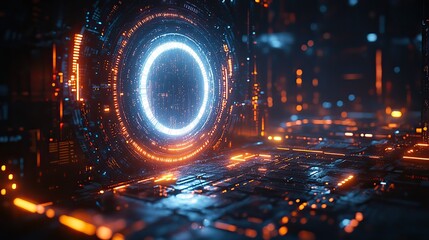 Poster - digital technology-themed background with futuristic design elements, including white circle surrounded by arrows and gears.stock photo