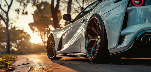 Poster - low angle view of a modern white car on road