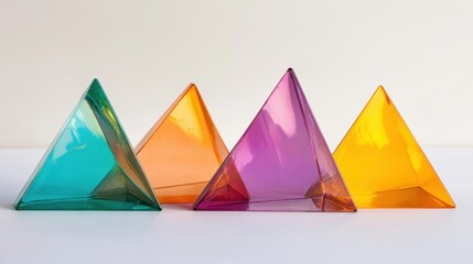 Poster - Four geometric shapes in vibrant colors sit on a white surface, displaying hues of green, orange, purple, and yellow in daylight