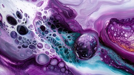 Poster - A captivating display of fluid art features a blend of dark purple and teal colors, creating mesmerizing patterns and bubble effects