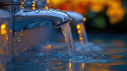 Aufkleber - faucet with aqu water flowing, or droplets falling, suggests potential leakage and plumbing issues.illustration