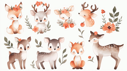 Illustrations of small animals in the forest, including deer, foxes, and rabbits