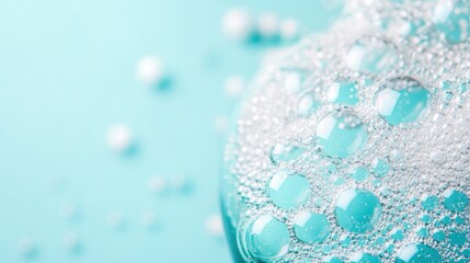 Poster - Bubbles gather and dance on a light blue surface, creating an airy and refreshing atmosphere with a sense of tranquility