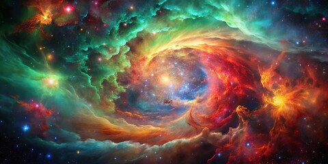 Wall Mural - Celestial Swirl of Cosmic Dust, Enchanting with Vivid Hues of Green, Orange, and Red, Embellished with Glittering Stars