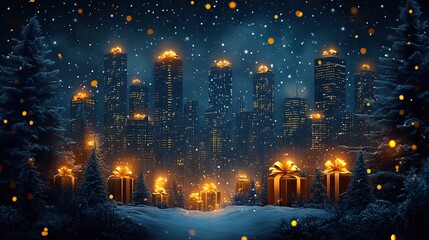 Aufkleber - festive city scene with present-shaped skyscrapers and golden ribbons offers vibrant holiday shopping banner for Christmas or New Year.illustration