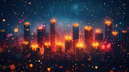 Poster - festive city scene with present-shaped skyscrapers and golden ribbons offers vibrant holiday shopping banner for Christmas or New Year.