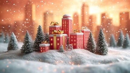 Aufkleber - festive city scene with present-shaped skyscrapers and golden ribbons offers vibrant holiday shopping banner for Christmas or New Year.image