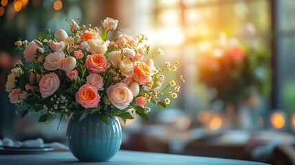 Poster - festive Easter table setting with eggs and spring flowers, decorating cozy home interior for family celebration, perfect for inviting banners or greeting cards.stock photo
