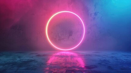 Poster - A glowing circular neon frame stands out against a dark, textured background, highlighting vibrant colors and creating a dynamic atmosphere