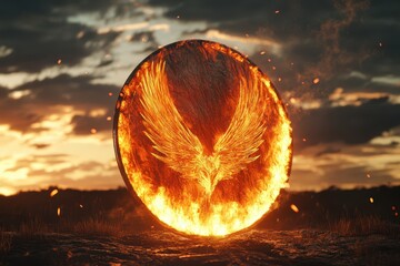 Wall Mural - A large, glowing, fiery circle with an eagle on it