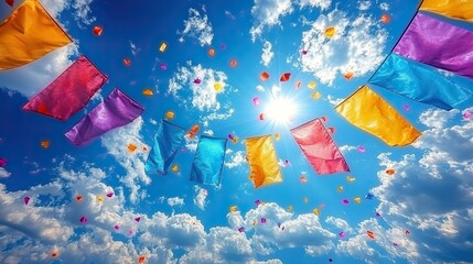 Poster - festive scene with colorful flags and banners hanging in the sky during carnival celebration.stock photo