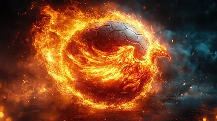 Poster - fiery phoenix bird decorates soccer ball on dark background, representing football championship excitement and sports betting.image
