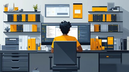 Poster - flat man working at computer in front of server racks, with space for banner or promotional material.image