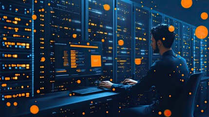 Aufkleber - flat man working at computer in front of server racks, with space for banner or promotional material.