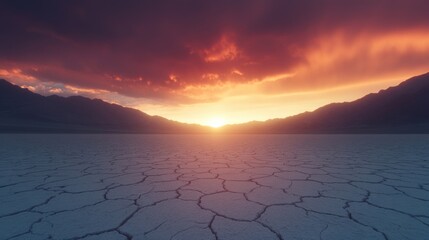 Wall Mural - the sun sets over the expansive desert, casting warm hues across the cracked earth and distant mount