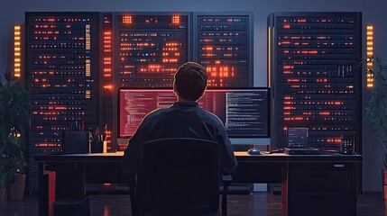 Aufkleber - flat web host working at desk with computer, with server rack in the background.image