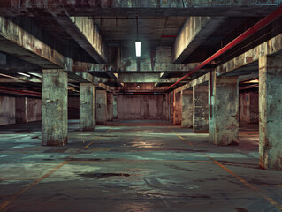 Poster - An abandoned parking garage with weathered concrete pillars, dim lighting, and reflections on the floor, creating a gritty urban atmosphere for industrial themes.