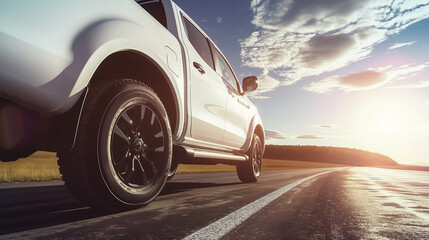 Poster - low angle view of a modern white pickup truck on road 