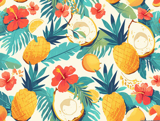 Poster - A lively tropical pattern featuring pineapples, coconuts, and hibiscus flowers, perfect for summer-themed products and designs.